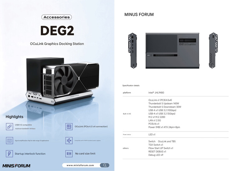 Основные характеристики док-станции DEG2 eGPU (Источник изображения: Minisforum - машинный перевод)