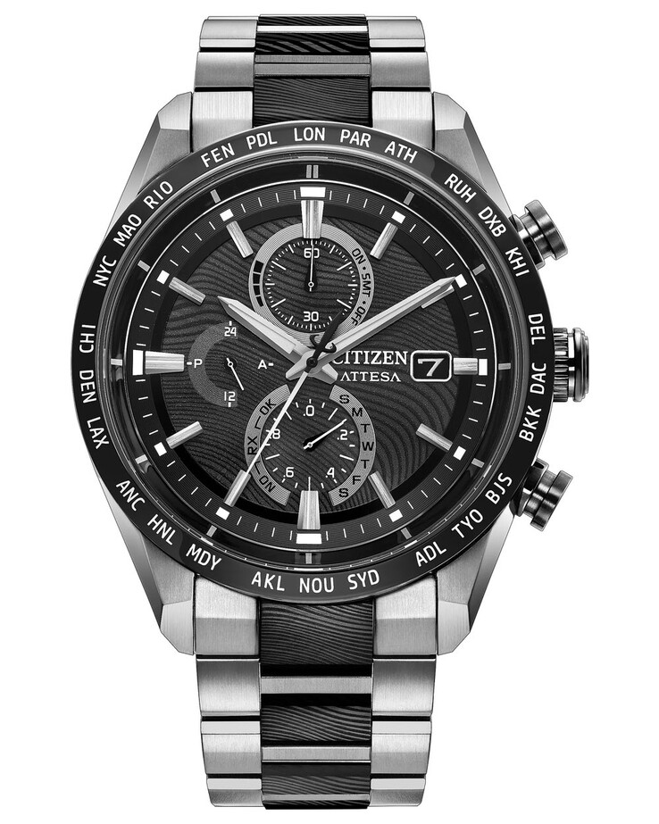 Циферблат украшают накладные метки, тройные субциферблаты и метки глобальных часовых поясов вокруг безеля.