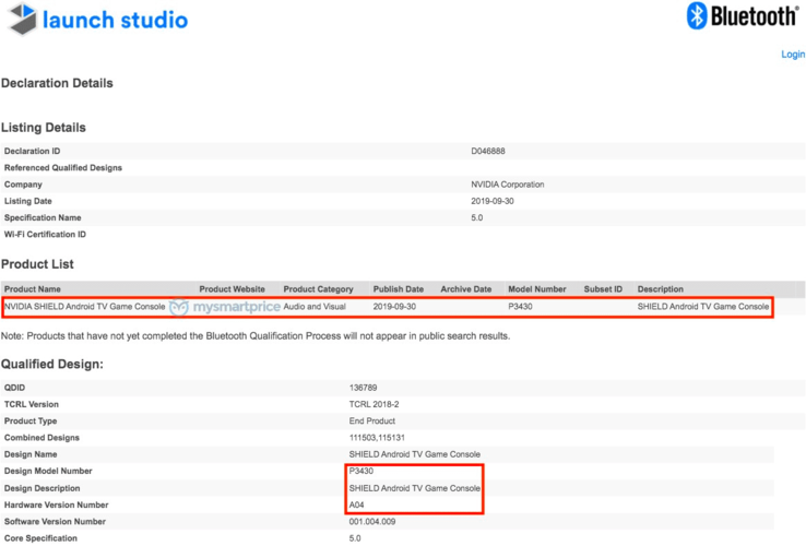 Сертификат NVIDIA SHIELD TV из базы Bluetooth SIG. (Источник: MySmartPrice)