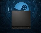 Valve Steam Machine на фоне логотипа Steam