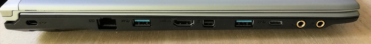 Левая сторона: замок Kensington, гигабитный LAN, 1 порт USB 3.0, HDMI, Mini DisplayPort, 1 порт USB 3.0, 1 порт USB 3.0 Type-C, микрофон, наушники