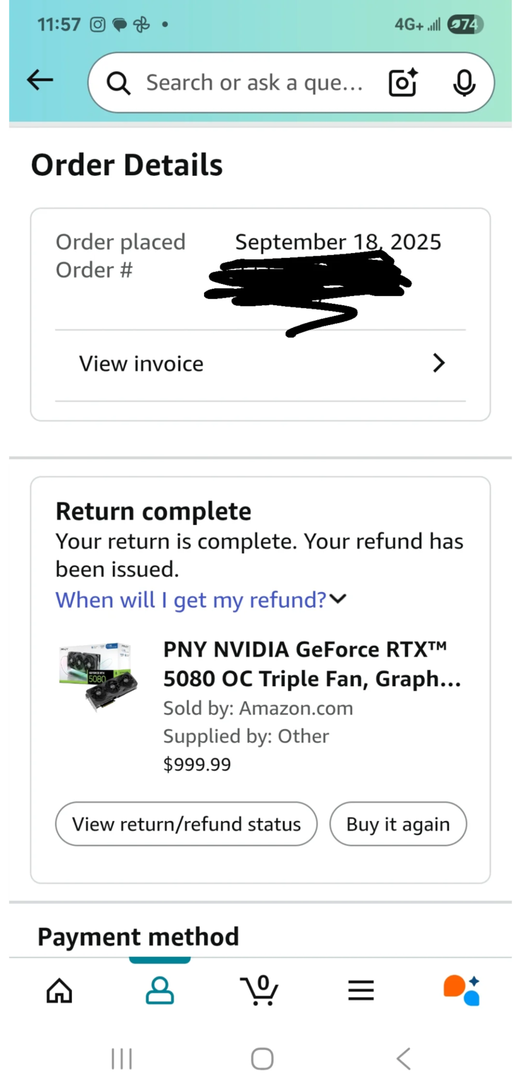 Скриншот успешного возвращения Amazon (источник изображения: r/pcmasterrace)