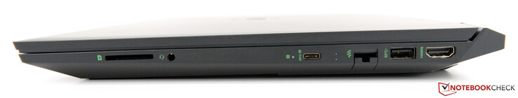 Правая сторона: картридер, комбинированный аудио разъем, USB Type-C port (5 Гбит/с; DisplayPort 1.4), гигабитный Ethernet RJ-45, USB 3.1 Gen. 1, HDMI 2.0