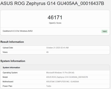 Результат Intel Panther Lake iGPU OpenCL в Geekbench (наихудший результат). (Источник изображения: Geekbench)