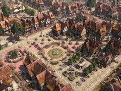 Изображение, на котором запечатлена общественная площадь в игре «Farthest Frontier».
