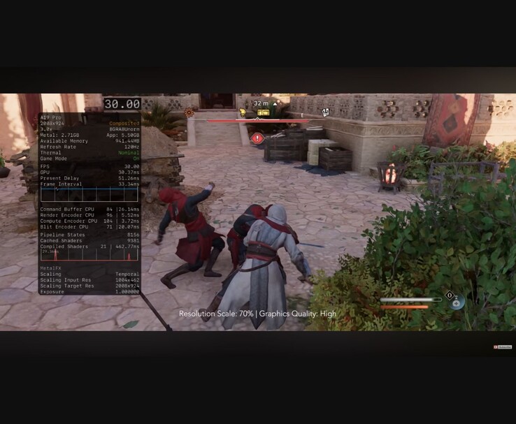 Геймплей игры Assassin's Creed Mirage, запущенный на iPhone 17 Pro Max с чипом A19 Pro, с пресетом 30 FPS, предустановкой высокой графики и временным апскейлингом MetalFX. (MrMacRight через YouTube)
