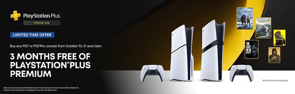 Покупатели, которые приобретут и активируют PS5 Pro или PS5 в период до 21 октября, получат 3 месяца PlayStation Plus Premium. (Источник изображения: PlayStation)