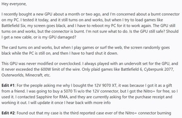 Sapphire Nitro RX 9070 XT Неисправность разъема 12VHPWR. (Источник изображения: r/pcmasterrace на Reddit)