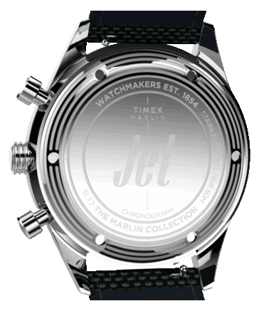 Вид сзади Timex Marlin Jet Chronograph, показывающий заднюю крышку корпуса из нержавеющей стали