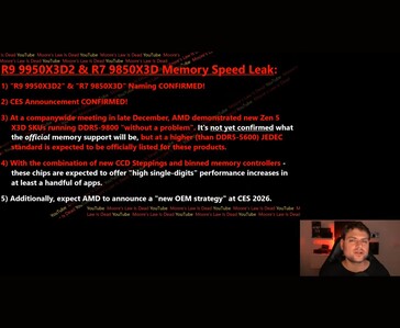 Слайд из видеоролика Moore's Law Is Dead, в котором обобщаются утечки информации о процессорах AMD Zen 5 X3D, включая сообщения о тестировании памяти DDR5-9800 и планах на CES 2026 (Источник изображения: Moore's Law Is Dead / YouTube)