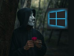 Человек в маске Гая Фокса смотрит на логотип Windows (Источник изображения: Peakpx и Ahmed Zayan через Unsplash; отредактировано)