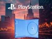 Баннер с изображением акций компании Sony и пустого физического футляра для игры