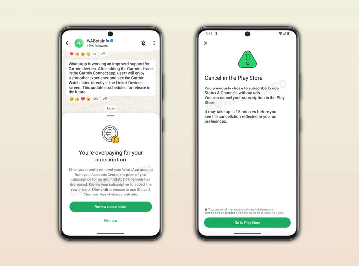 Скриншоты из WABetaInfo показывают, что стоимость подписки составляет €4 в месяц (Источник изображения: WABetaInfo)