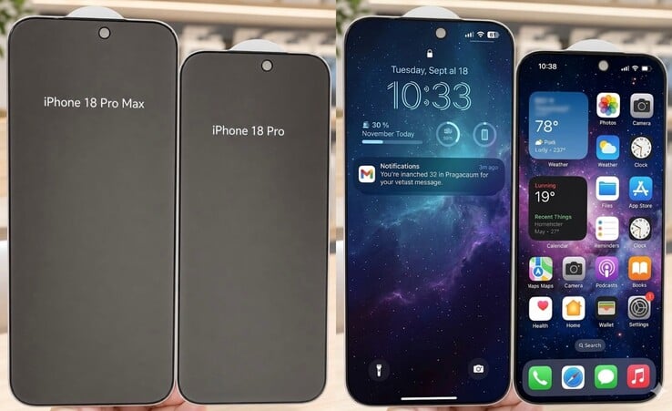 Утечка защитных экранов для iPhone 18 серии Pro (слева) выглядит более высокой, чем их аналоги для iPhone 17 серии Pro. Утечка/слух о более высоком соотношении сторон дисплея пока не подтверждена другими источниками.
