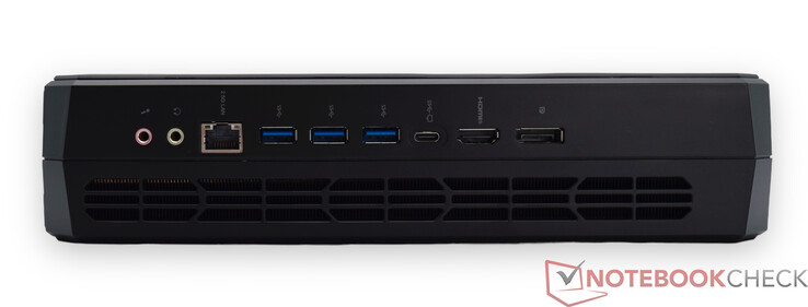 Задняя панель: Микрофонный вход, линейный выход, RJ45 2.5G, 3x USB 3.2 Gen2 Type-A, порт USB 3.2 Gen2 Type-C (Alt Data и DP), HDMI 2.1, DisplayPort 2.0