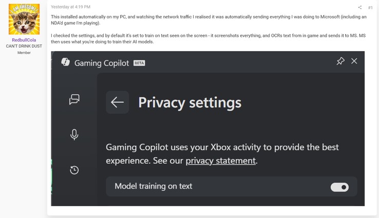 Проблемы конфиденциальности Gaming Copilot (Источник изображения: скриншот, форумы RedbullCola@ResetEra)