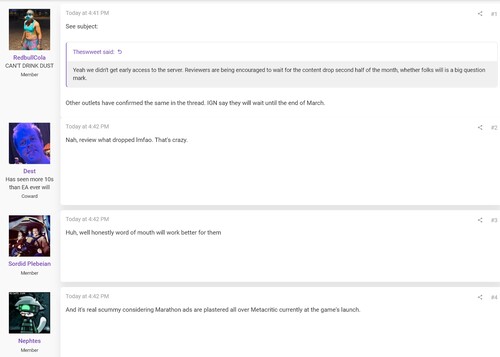 Сообщение форума ResetEra на тему Задержка обзора Marathon