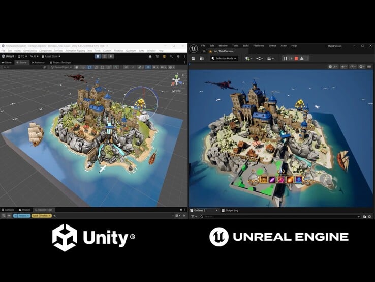 В демонстрации проводится сравнение проекта «Fantasy Kingdom», запущенного в редакторе Unity, с версией, визуализированной с помощью Unreal Engine.