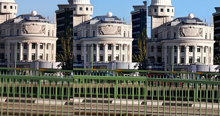 сравнение кропов с 10-кратным зумом: Слева: Oppo с внешним объективом. Средний: Vivo без внешнего объектива. Справа: Oppo без внешнего объектива.