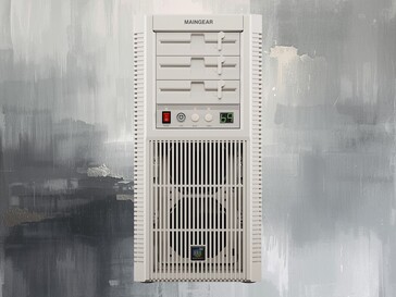 Показана передняя панель собранного игрового ПК Maingear Retro98 (Источник изображения: Maingear PR с правками)