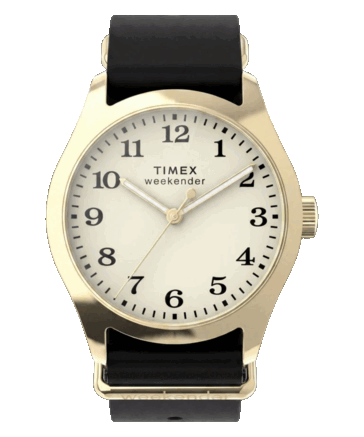 Часы Timex Weekender New England TW2Y86600 с золотистым корпусом диаметром 34 мм, кремовым циферблатом и черным кожаным ремешком.