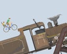 Геймплей игры «Happy Wheels», в котором отец с ребёнком едут на велосипеде навстречу большому локомотиву по трассе с препятствиями, созданной пользователями.