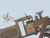 Геймплей игры «Happy Wheels», в котором отец с ребёнком едут на велосипеде навстречу большому локомотиву по трассе с препятствиями, созданной пользователями.