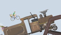 Геймплей игры «Happy Wheels», в котором отец с ребёнком едут на велосипеде навстречу большому локомотиву по трассе с препятствиями, созданной пользователями.