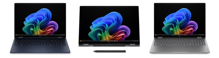 OmniBook X Flip 16 в отделке Atmospheric Blue, Eclipse Grey и Meteor Silver (слева направо).