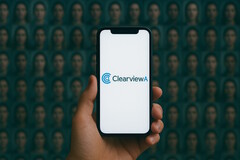 Смартфон с искусственным интеллектом Clearview, база данных лиц на заднем плане (Источник изображения: AI-generated)