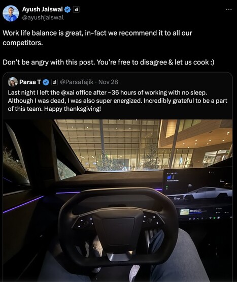 сотрудник xAI Парса Таджик утверждает, что проработал 36 часов без сна. (Источник изображения: X)