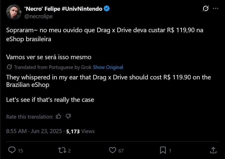 пост 'Necro Felipe' X о цене Drag x Drive (Источник изображения: аккаунт 'Necro' Felipe X)