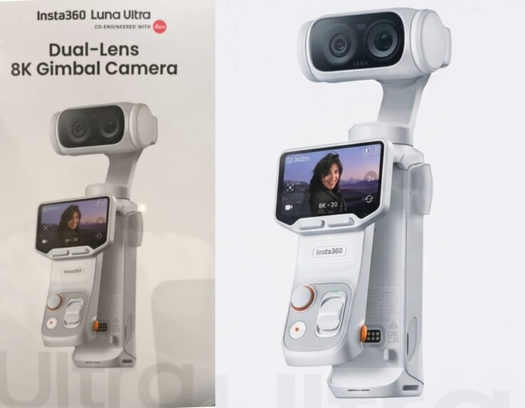Оригинальная розничная коробка Insta360 Luna Ultra (слева) против изображения крупным планом, улучшенного искусственным интеллектом (справа).