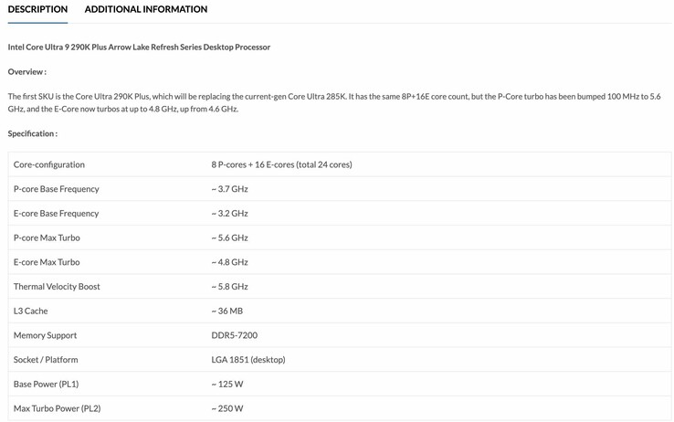 В ранее просочившемся листинге продуктов для процессора Core Ultra 9 290K Plus были указаны более высокие тактовые частоты.