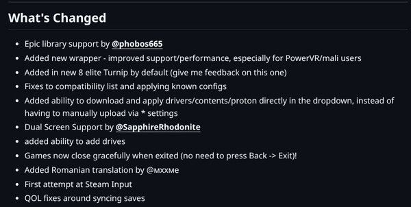 Снимок экрана, показывающий список изменений в GameNative версии 0.7.1.