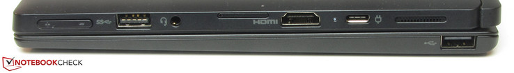 Правая сторона. Клавиатурный док:: USB 2.0; планшет: качелька громкости, USB 3.1, аудио разъем, слот для SIM/microSD, HDMI, USB 3.1 (Type-C), динамик