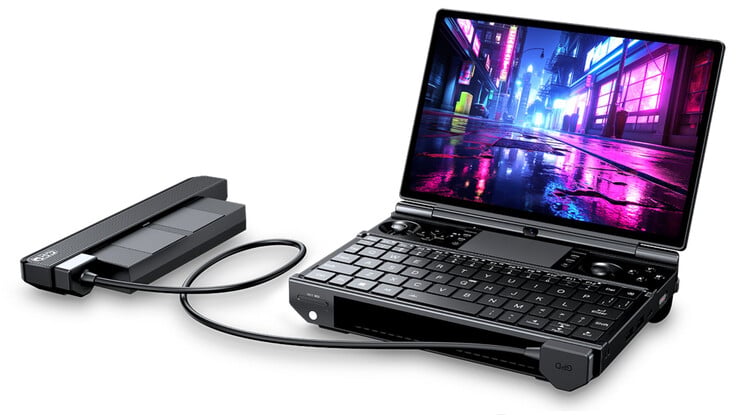 GPD Win Max 3 со съемным аккумулятором, подключенным с помощью удлинительного кабеля. 