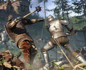 Крупный план боя в ближнем бою в Kingdom Come: Deliverance с двумя закованными в броню рыцарями, сражающимися с помощью средневекового оружия.