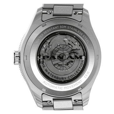 Вид сзади часов Timex Pan Am Waterbury Automatic GMT, демонстрирующий прозрачную заднюю крышку корпуса и автоматический механизм.