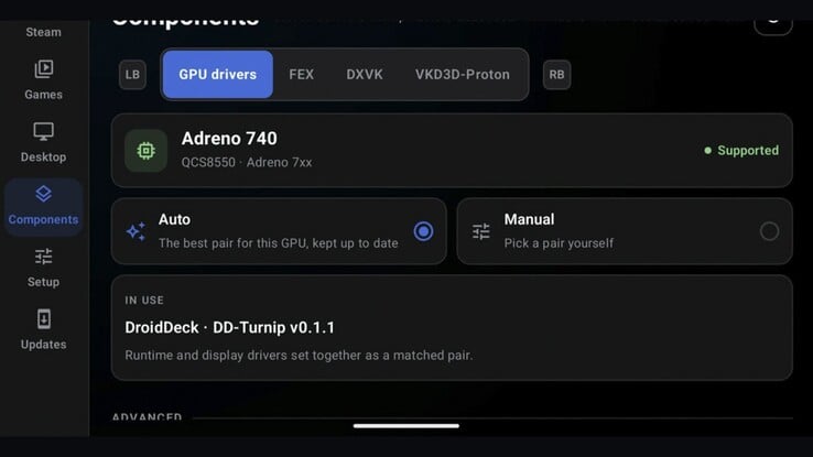 Настройки драйвера GPU DroidDeck на устройстве с Adreno 740. В независимых экспериментальных форках изучается возможность поддержки графики PowerVR и Mal