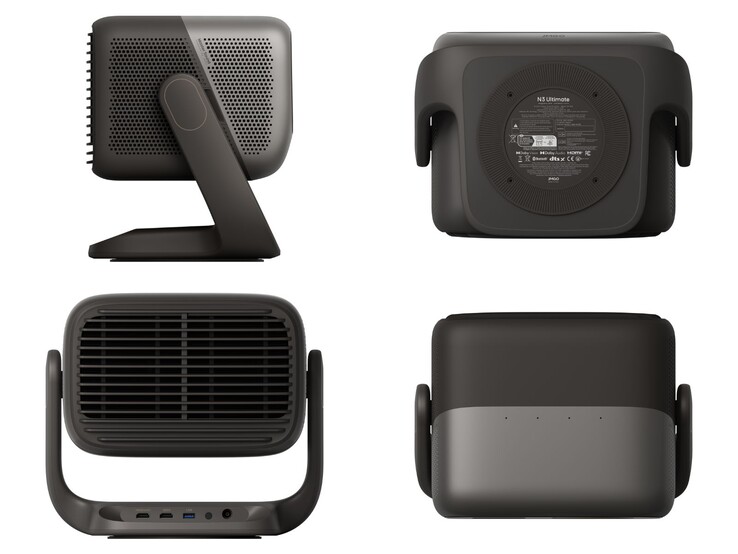 Дизайн проектора Jmgo N3 Ultimate, демонстрирующий порты и вид под разными углами