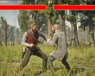 Главный герой Red Dead Redemption 2 Артур Морган сражается с NPC в стиле Mortal Kombat. (Источник изображения: Blurbs на YouTube, скриншот)