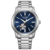 Автоматические часы Citizen NH9150-52L с синим циферблатом с солнечным узором, окном «открытое сердце», браслетом из нержавеющей стали и полированным безелем.