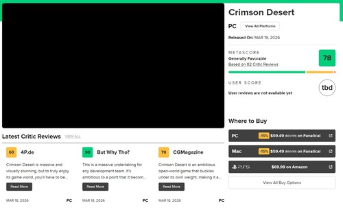 Метасчет Crimson Desert показан на Metacritic