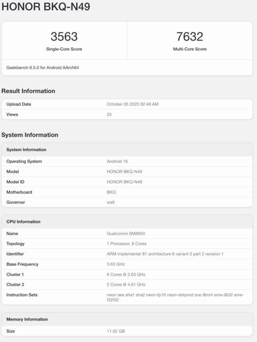 Листинг Geekbench для Honor Magic 8. (Источник изображения: Geekbench)