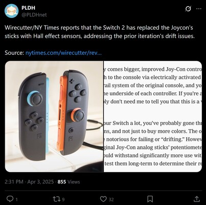 NY Times Wirecutter Switch 2 Joy-Cons впечатления X пост (Источник изображения: скриншот, аккаунт PLDH X)