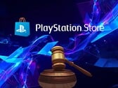 Баннер, посвящённый судебным разбирательствам в отношении PlayStation Store, с изображением судейского молотка