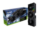 Рекламное изображение на белом фоне, демонстрирующее коробку для Palit RTX 5080 OC Gaming Pro, рядом с которой вертикально хранится карта. (Источник изображения: Palit)