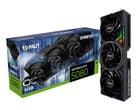 Рекламное изображение на белом фоне, демонстрирующее коробку для Palit RTX 5080 OC Gaming Pro, рядом с которой вертикально хранится карта. (Источник изображения: Palit)