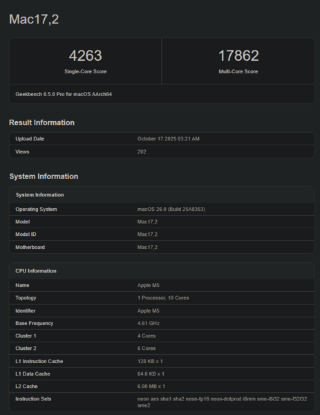 Apple Оценка M5 в Geekbench (источник изображения: Geekbench)
